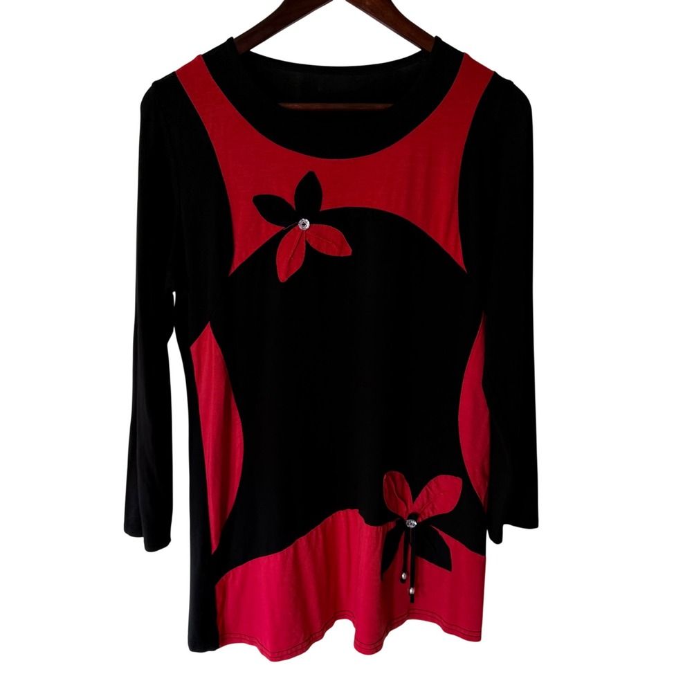 Black Red Floral Applique Rhinestone Long Sleeve Tunic Top‎ Viscose Blend